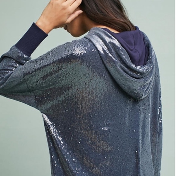 Anthropologie Tops - Anthropologie Navy Sequin Hoodie Size Small
